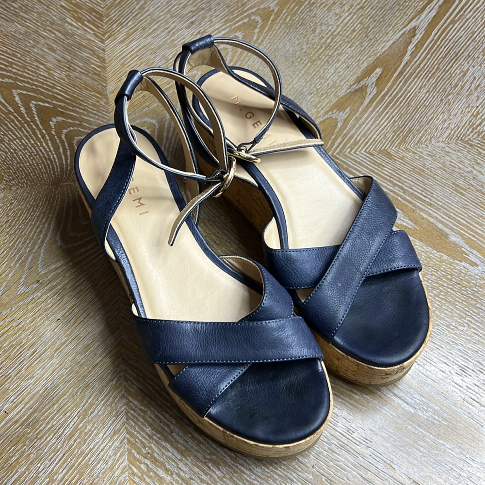 M. GEMI Women's The Linee Blue Leather Platform Cork Wedge Sandals 37